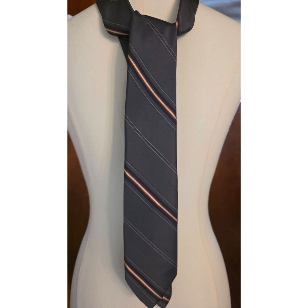 Vintage Christian Dior Paris New York Striped Tie 3" Slim, CD Logo Gray Red Silk
